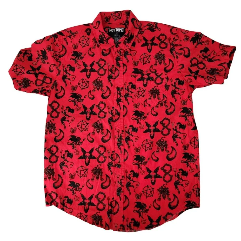 Hot Topic Red Devil Woven Button-Up Shirt S - Picture 1 of 5